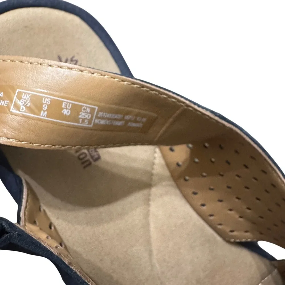 Clarks Reedly Variel Navy Suede Wedge Sandals Womens 9 Ortholite Platform